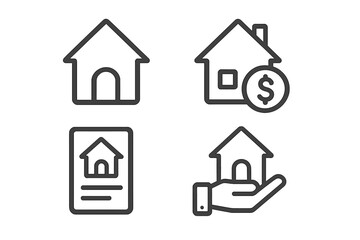 Real estate and mortgage icon set. Line art symbols for property investment, home buying, and housing loans. Vector graphic collection for finance, sale, and agent.