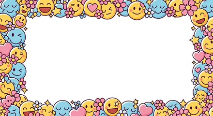 Colorful emoji frame with smiling faces and flowers, perfect for digital decorations and social media posts