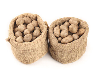 Fresh Organic Potatoes in Burlap Sacks on White Background