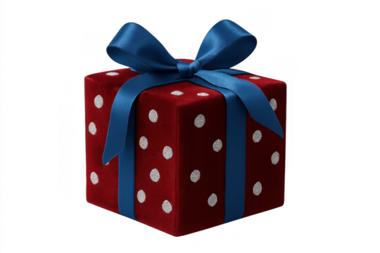 Red gift box with blue ribbon and silver dots on transparent background - Powered by Adobe