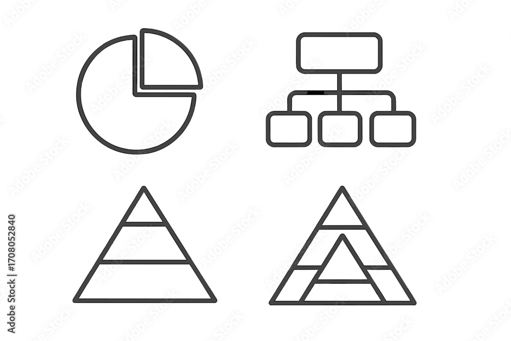 Poster vector infographic icon set with pie chart, hierarchy flowchart, and pyramid diagram. thin line icon