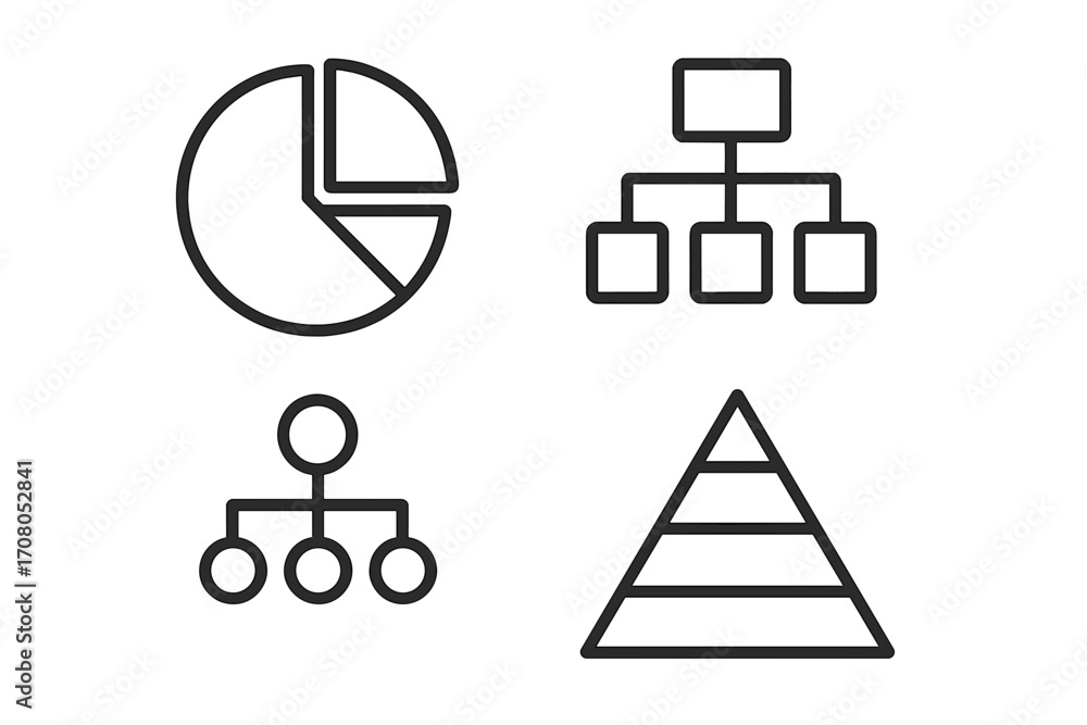 Poster infographic elements line icon set. pie chart, hierarchy, pyramid diagram symbols. data visualizatio