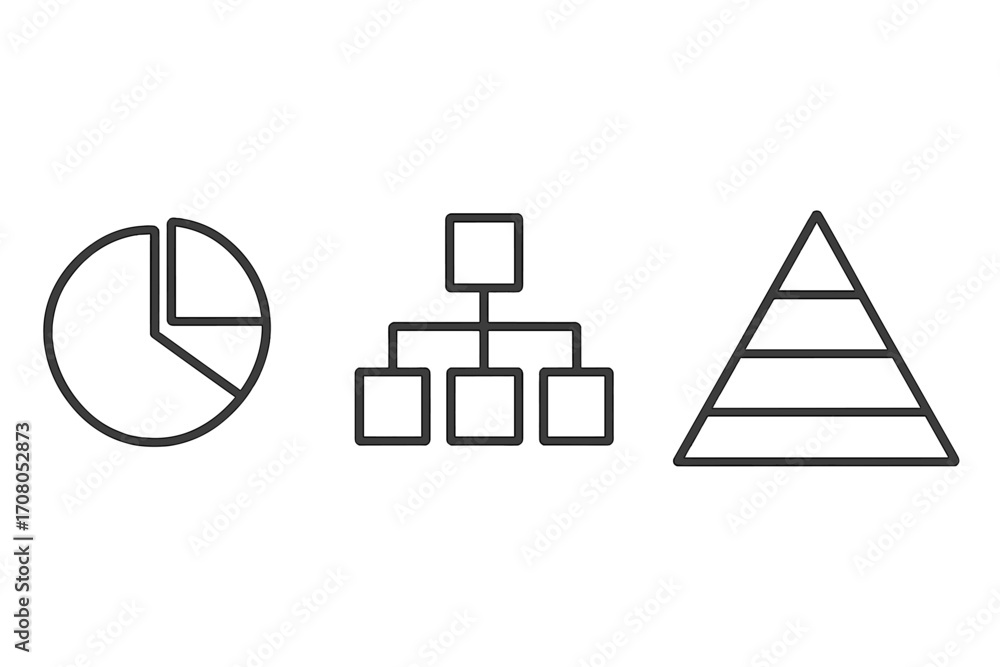 Poster pie chart, hierarchy, and pyramid diagram line icon set. business data visualization and analysis co