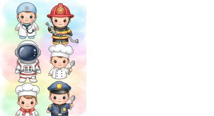 Cute Cartoon Characters Firefighter, Astronaut, Chef, Policeman - Diverse Professions Represented