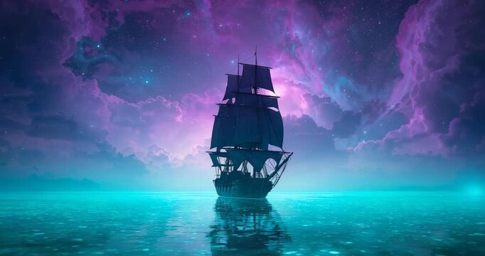 Breeze filling sails gliding three-masted ship toward camera across sea under cosmic sky