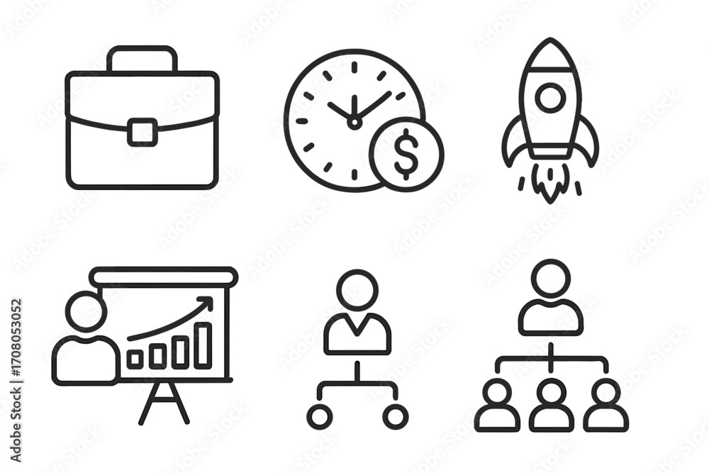 Poster set of business line icons with editable stroke for design, web, apps, cards. includes briefcase, cl