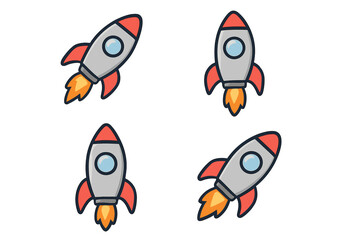 Cartoon rocket icon set with flat design, vector illustration of different angled rockets, space travel symbols, spaceship clipart, transparent background, seamless ordered set