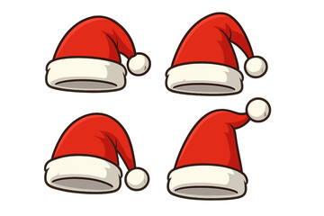 Set of 4 Santa hats in red and white festive colors, Christmas winter caps, vector cartoon illustrations with transparent background, holiday headwear collection, seasonal accessory design