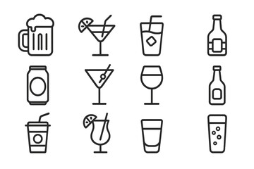 Soft Drinks and Alcohol Icon Collection with Beer, Cocktail, Bottle, Can, Glass, and Straw Symbols for Design, Apps, Websites, Social Media Posts, and Cards Vector Set