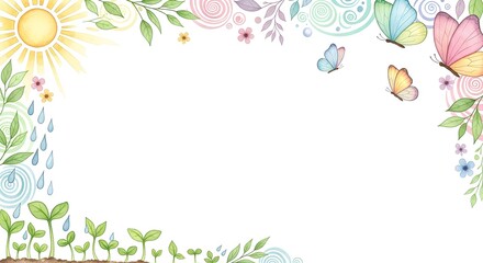Pastel Spring Border Whimsical Floral and Butterfly Frame for Design
