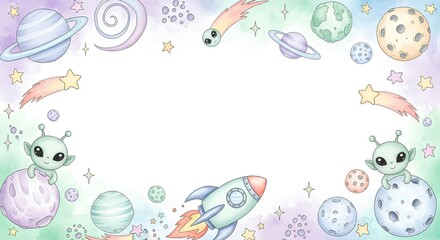 Whimsical Cosmic Adventure Cute Aliens, Planets, and Rockets in a Pastel Space Wonderland