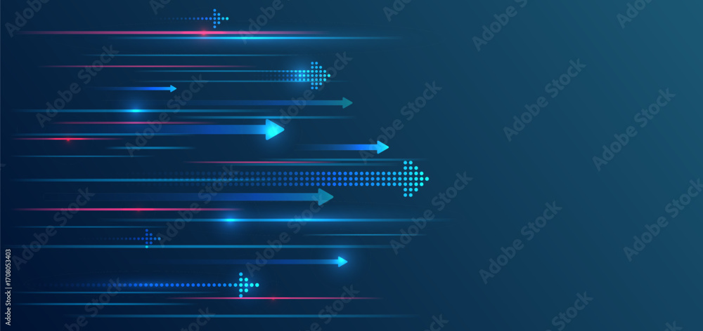 Poster dynamic futuristic background with glowing arrows and speed lines in blue and pink tones, symbolizin