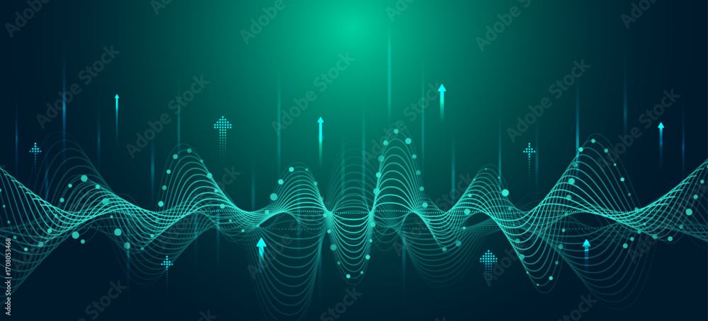 Poster abstract futuristic digital waves with glowing arrows symbolizing growth, data flow, and technology 