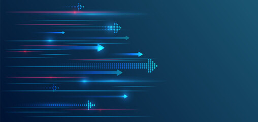 Obraz premium Dynamic futuristic background with glowing arrows and speed lines in blue and pink tones, symbolizing progress, technology, and fast digital innovation.