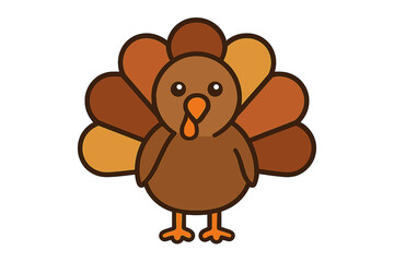 Cute cartoon turkey icon with colorful feather fan, Thanksgiving holiday symbol, flat style vector illustration, autumn bird character, festive fall design, transparent background