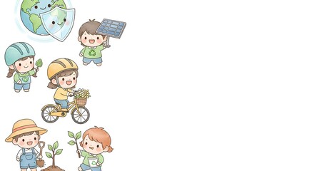 Naklejka premium Adorable collection of children characters engaged in eco-friendly activities to promote environmental protection and a green lifestyle