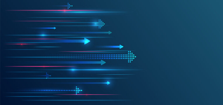 Dynamic futuristic background with glowing arrows and speed lines in blue and pink tones, symbolizing progress, technology, and fast digital innovation.