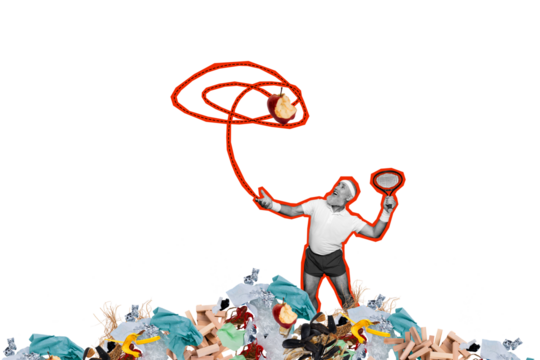 Collage retired pensioner grandfather tennis badminton player hit apple fruit ecology catastrophe pollution plastic environment