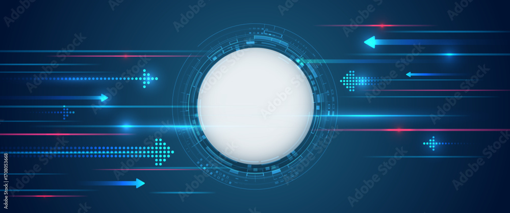 Fototapete dynamic futuristic background with a white circle in the center and glowing arrows and speed lines i
