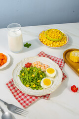 Gourmet Mixed Salad with Prawns Corn and Eggs Healthy Meal on Marble Table