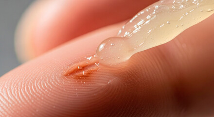 Fototapeta premium Applying soothing gel to a minor skin cut for fast healing and care, close up view of treatment