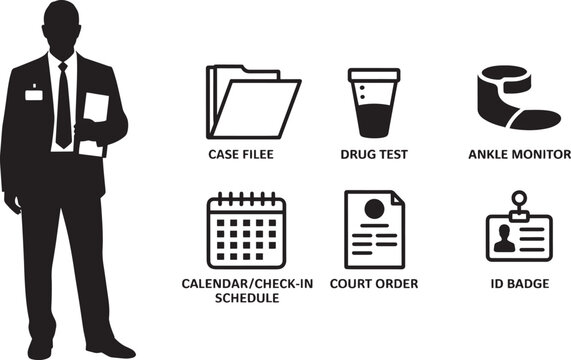 Probation Officer Silhouette with Case File and Monitoring Icons on Transparent Backdrop