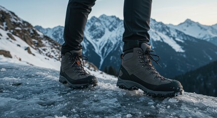 Adventure Ready Hiking Boots on Icy Terrain with Mountain Range in Background