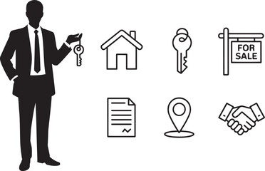 Real Estate Agent with House Key and For Sale Sign Icon Set on Transparent Background