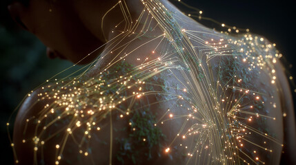 Close-up of acupuncture meridian chart next to patient with glowing skin, crisp lines illuminated in bright wellness tones.