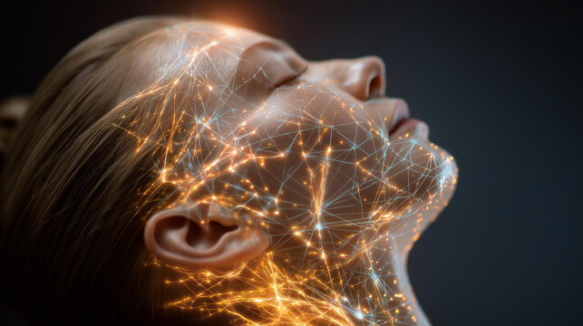 Close-up of acupuncture meridian chart next to patient with glowing skin, crisp lines illuminated in bright wellness tones.