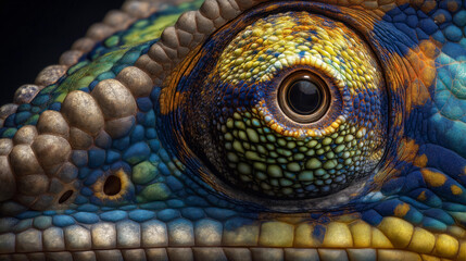 Fototapeta premium Ultra-detailed close-up of a chameleon’s eye with colorful textures, glowing greens and yellows radiating under intense natural light.