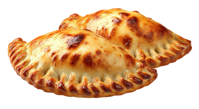 Two golden-brown, baked pastries with crimped edges