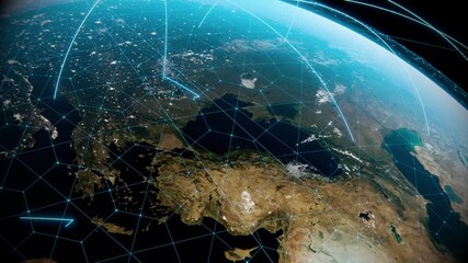 Crypto Exchange Global Connection Lines. Futuristic AI Technology, 5G. Big Data, Digital World Background Animation. Network Data Transfer Over Earth. Satellite Communication, Internet Connectivity - Powered by Adobe