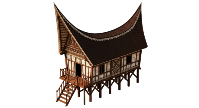 majestic indonesian rumah gadang 3d model of exquisite island architecture, isolated on transparent background