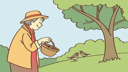 Happy Old Man Feeding Birds in Park Vector Illustration