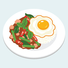 flat vector of Thai Spicy minced pork and basil stir fry topped with a fried egg served over steamed rice
