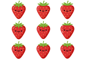 Pattern of Cute Cartoon Strawberries with Smiling Faces and Green Leaves.