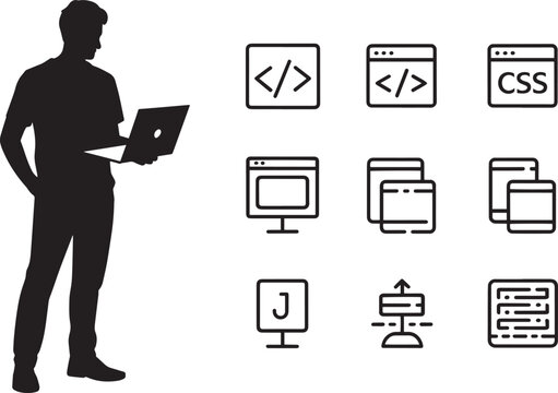 Web Developer Silhouette with Coding Icons on Transparent Background Vector