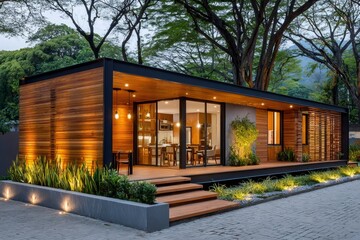Obraz premium Beautiful prefabricated wooden house illuminating its surroundings at sunset