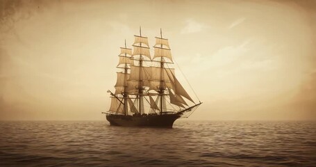 Three-masted tall sailing ship gliding across open ocean under golden sky, with billowing sails - Powered by Adobe