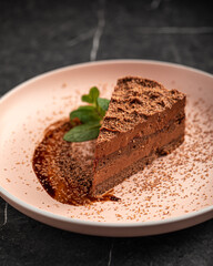Delicious chocolate cake with mint and sauce on pink plate