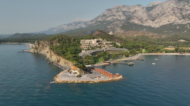 Aerial view of beautiful beach and luxury hotel NG Phaselis Bay