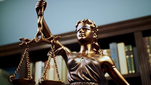 Justice Statue with Scales and Blindfold in Front of Library Bookcases