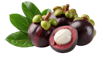Obraz premium A close up of several mangosteens with green leaves and one cut in half on a black background