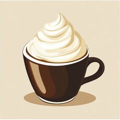 a cup of coffee with swirl cream topping in brown background