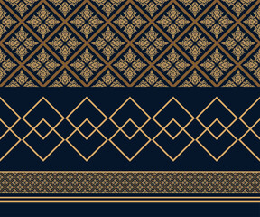 Intricate geometric pattern in dark blue and gold, ideal for design backgrounds. The complex details of the patterns give it a vintage and elegant appeal, perfect for textiles or design projects