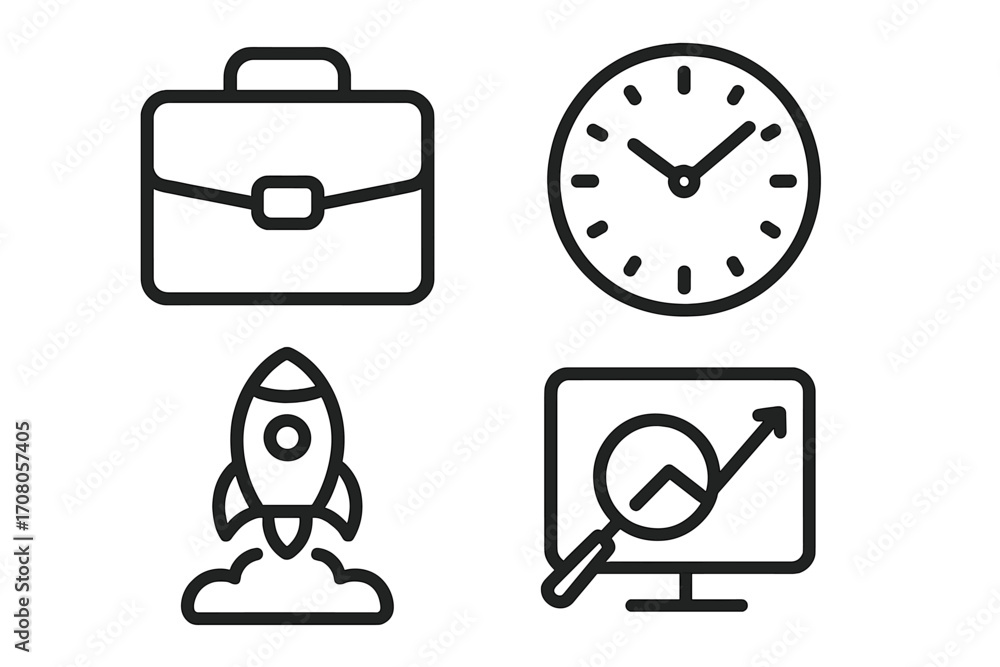 Poster business and startup outline icon set. vector symbols for project management, time efficiency, data 