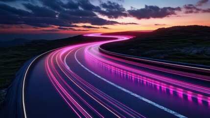 Illuminated Highway at Dusk with Light Streaks and Mountain Scenery Backdrop