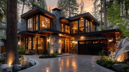Luxurious modern house with stone and wood accents is nestled in a forest. Its beautifully landscaped driveway is illuminated with ground lights.