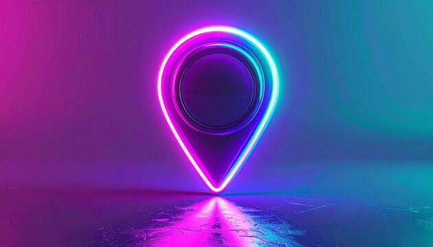 Futuristic 3D map pin icon illuminated with vibrant pink and blue neon lights, symbolizing GPS, location, and digital navigation
